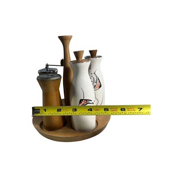 VTG Woodpecker Wood Ware Condiment Caddy Angel Fish Cruet Set 60s MCM Rare *READ - Picture 5 of 15